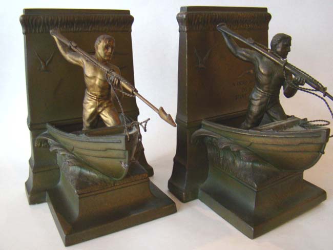 An early pair of New Bedford Whaling Monument bookends made by Jennings Brothers circa 1925